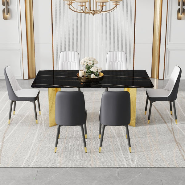 English Elm Table And Chair Set - Elegant Glass Top With Imitation Marble & Gold Legs, 6 Stylish Pu Dining Chairs W1151S04338-GIGA