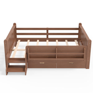 English Elm Twin Kids Platform Bed with Trundle Staircase Bookshelf and Rounded Safety Rails Natural W1580S00540