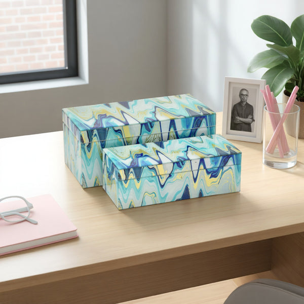 English Elm Jenny Marbled Glass Decorative Box Set Teal Abstract Swirl Vanity Desk Accent B056P416935
