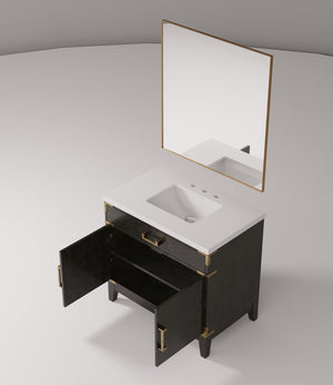 English Elm Black Oak Elegant Single-Sink Vanity With Cultured Marble Top & Matching 34" Mirror For Modern Bathrooms B2731S02127