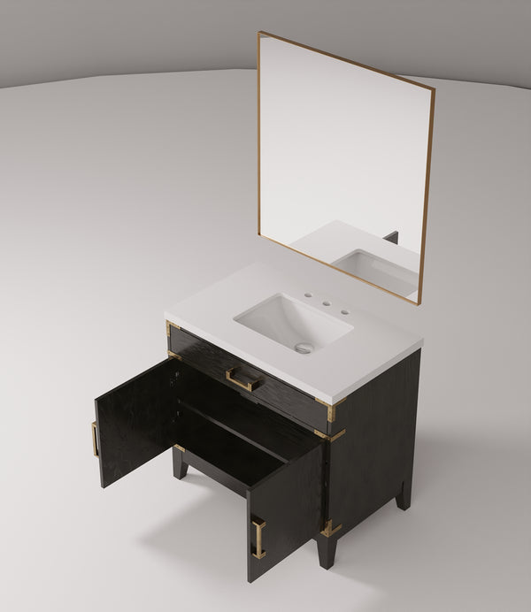 English Elm Black Oak Elegant Single-Sink Vanity With Cultured Marble Top & Matching 34" Mirror For Modern Bathrooms B2731S02127