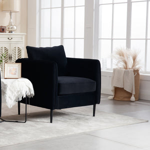 English Elm Accent Velvet Armchair Mid-century Modern Plush Seat with Metal Legs for Any Room Black W3244P325834