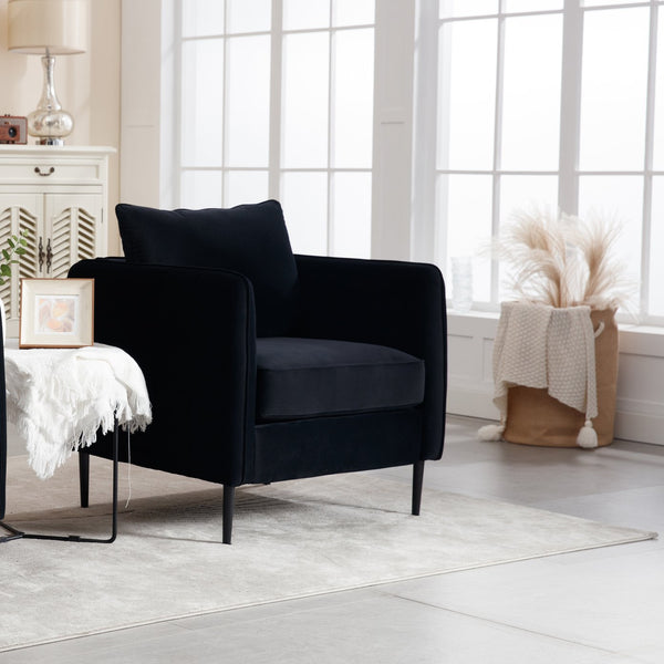 English Elm Accent Velvet Armchair Mid-century Modern Plush Seat with Metal Legs for Any Room Black W3244P325834
