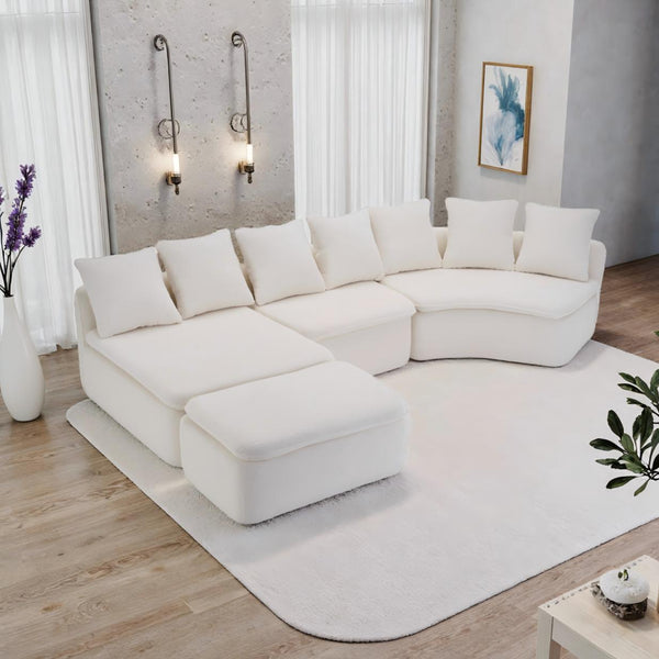 English Elm 133'' Modular U-shaped Sectional Chenille Sofa with Removable Recliner for Spacious Rooms Milk White W2231S00050