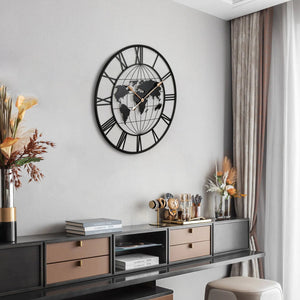 English Elm 36 Inch Large Black Metal Wall Clock – Modern World Map Design With Elegant Gold Pointers For Any Room W1445P249307
