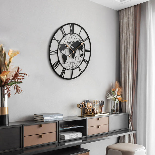 English Elm 36 Inch Large Black Metal Wall Clock – Modern World Map Design With Elegant Gold Pointers For Any Room W1445P249307