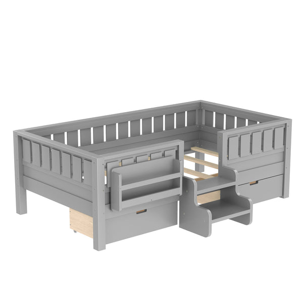 English Elm Twin Kids Storage Bed with Bookshelf Headboard Safety Staircase and Under Drawers Gray W1580P379185