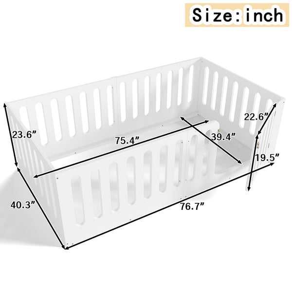 English Elm Twin Solid Pine Montessori Floor Bed with House Frame Door and Safety Fence Light White W5305P420632
