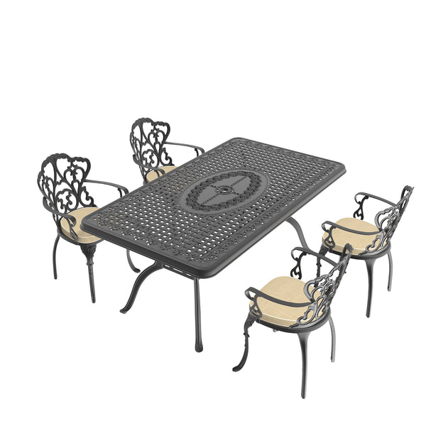 English Elm 5-Piece Cast Aluminum Patio Furniture Set With Ergonomic Chairs & Off-White Cushions For Comfort W1710S00101