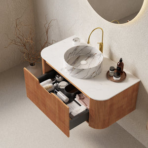 English Elm Dina 36" Wall-Mounted Vanity With Curved Ceramic Basin, Natural Woodgrain, Pre-Assembled Storage Solution W2615S00491