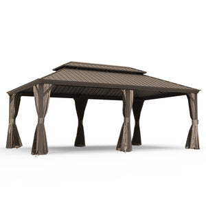 English Elm 14' X 22' Hardtop Gazebo with Drainage System, Dual-Layer Galvanized Roof, Curtains & Mesh Protection Brown W1859S00152