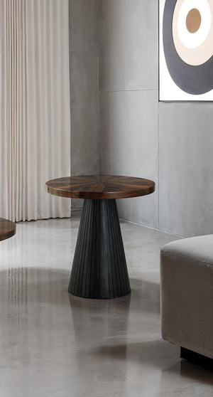 English Elm Contemporary End Table With Parquet Pattern Top & Matte Black Drum Base - Modern Living Room Accent B2741S00625