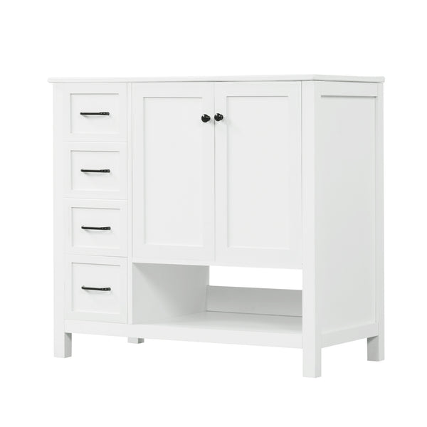English Elm 36" Freestanding Bathroom Vanity Solid Wood Mdf Cabinet Ceramic Undermount Sink Open Shelf White N725P364203K