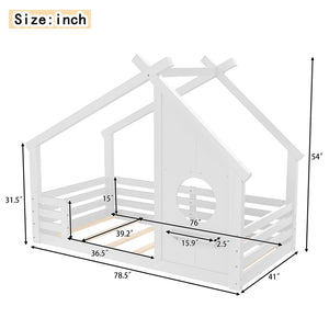 English Elm Twin House Bed Low Profile Pine Wood Frame with Shelf Montessori Kids Floor Sleeping White W5305P429642