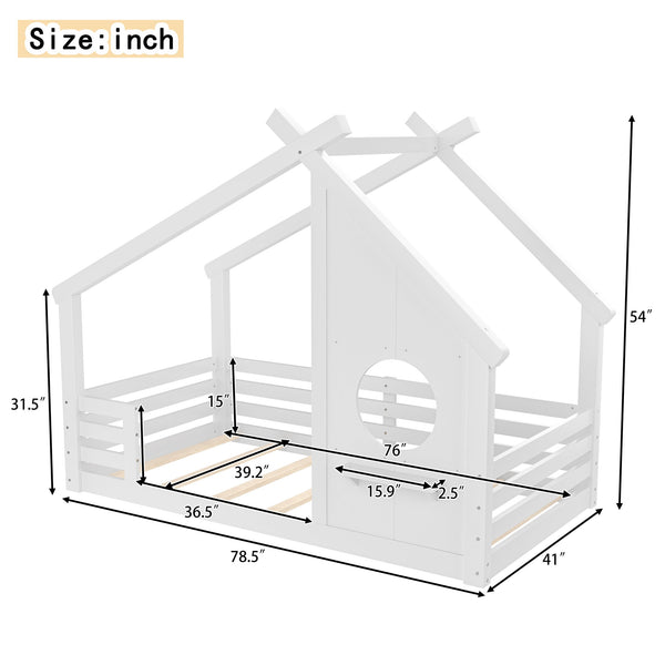 English Elm Twin House Bed Low Profile Pine Wood Frame with Shelf Montessori Kids Floor Sleeping White W5305P429642