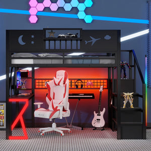 English Elm Metal Full Loft Bed with L Shaped Desk Wardrobe Rgb Lighting and Usb Charging W2593S00062