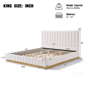 English Elm King Upholstered Bed Linen Channel Stitch Tall Headboard Solid Wood Slatted Base N757K339014I