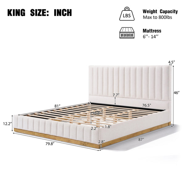 English Elm King Upholstered Bed Linen Channel Stitch Tall Headboard Solid Wood Slatted Base N757K339014I