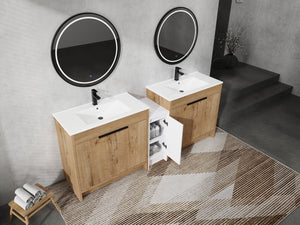 English Elm 84 Inch Freestanding Bathroom Vanity with Integrated Resin Sink, Soft-Close Doors, Shelves & Extra Storage Space Glossy White,Imitative Oak W999S00325