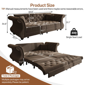 English Elm 83.8" Chesterfield Sleeper Sofa Velvet Upholstered with Flower Tufting for Living Room Brown W1885S00402