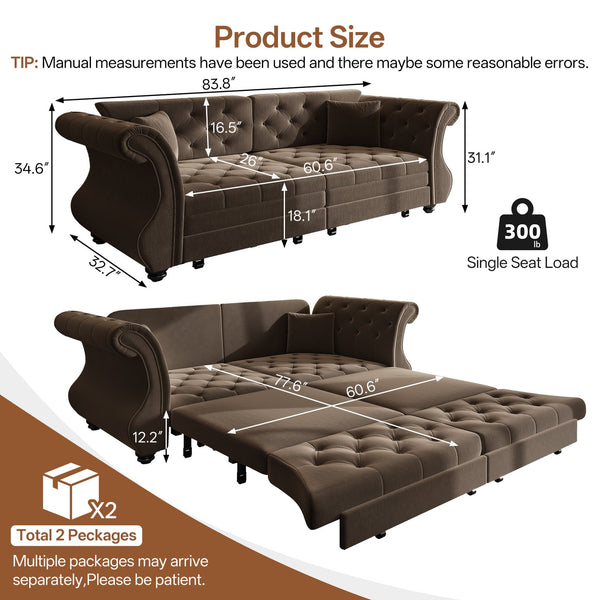 English Elm 83.8" Chesterfield Sleeper Sofa Velvet Upholstered with Flower Tufting for Living Room Brown W1885S00402