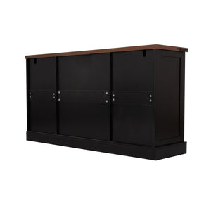 English Elm 63" Fluted Mdf Sideboard with Wood Tone Top Four Doors Three Drawers Dining Storage Black W2917S00012