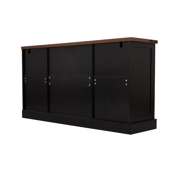 English Elm 63" Fluted Mdf Sideboard with Wood Tone Top Four Doors Three Drawers Dining Storage Black W2917S00012