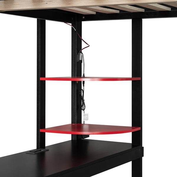 English Elm Full Size Gaming Loft Bed with Rgb Lighting Integrated Desk and Open Wardrobe N820S00073J