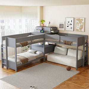 English Elm Twin L-shaped Bunk Bed Pine Wood Corner Design with Desk Drawers and Usb Charging Gray N820S00079E