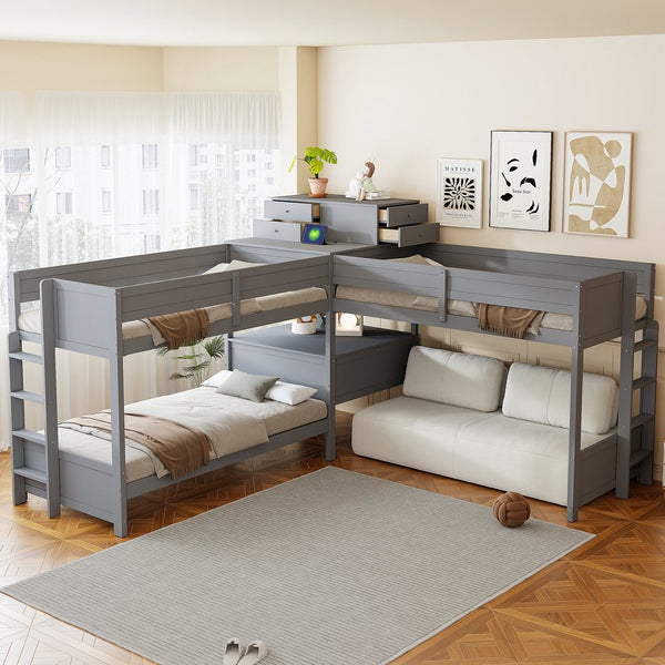 English Elm Twin L-shaped Bunk Bed Pine Wood Corner Design with Desk Drawers and Usb Charging Gray N820S00079E