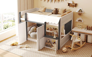 English Elm Twin House Loft Bed with Pull Out Rolling Desk Stair Drawers and Cabinet Storage White+Gray N820S00074E