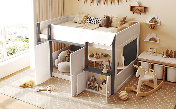 English Elm Twin House Loft Bed with Pull Out Rolling Desk Stair Drawers and Cabinet Storage White+Gray N820S00074E