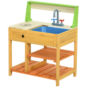 English Elm Outsunny Solid Fir Wood Kids Outdoor Mud Kitchen Playset with Sink Faucet Shelves W2225P200780