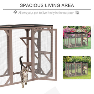 English Elm Pawhut Wooden Outdoor Catio Enclosure with Mesh Walls Climbing Platforms Asphalt Roof W2225P173771