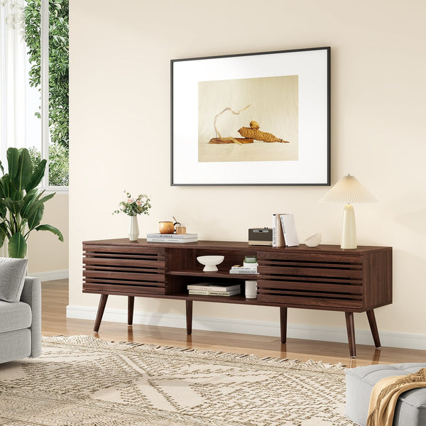 English Elm Mid Century Modern Fluted Wood Media Console with Storage Cabinets for Living Room Walnut T3623P435374
