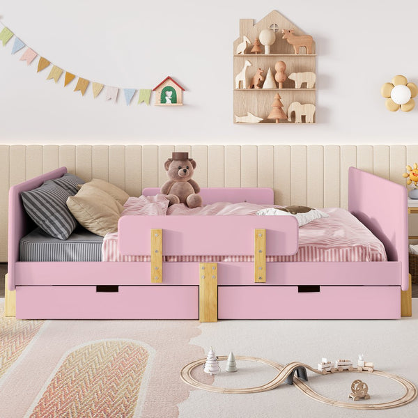 English Elm Twin Low Profile Kids Floor Bed Pine Wood Frame with Safety Rail and Built in Bookshelf Pink W1580P373245