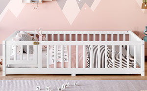 English Elm Full Floor Bed with Safety Guardrails and Play Door for Kids, Low Profile Pine Frame, 550lb Capacity White W1580P338950