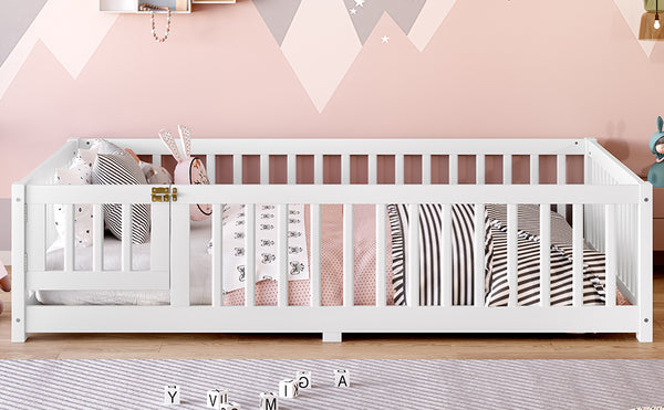 English Elm Full Floor Bed with Safety Guardrails and Play Door for Kids, Low Profile Pine Frame, 550lb Capacity White W1580P338950