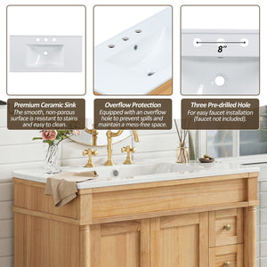 English Elm 36" Freestanding Bathroom Vanity Solid Wood Cabinet with Ceramic Sink and Soft Close Storage N729P300165N