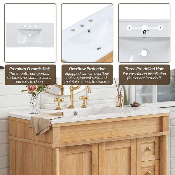 English Elm 36" Freestanding Bathroom Vanity Solid Wood Cabinet with Ceramic Sink and Soft Close Storage N729P300165N
