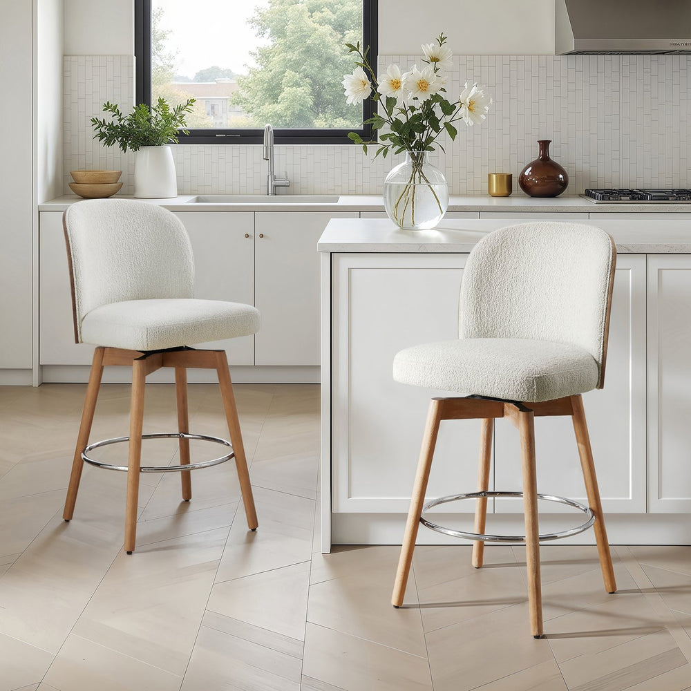 English Elm Jennifer Taylor Home - Tomlin Bentwood Swivel Counter Stools Set of 2 Off-White Bouclé — 360° Swivel, Padded Seats, Chrome Footrest, Solid Wood Legs B2719P328583