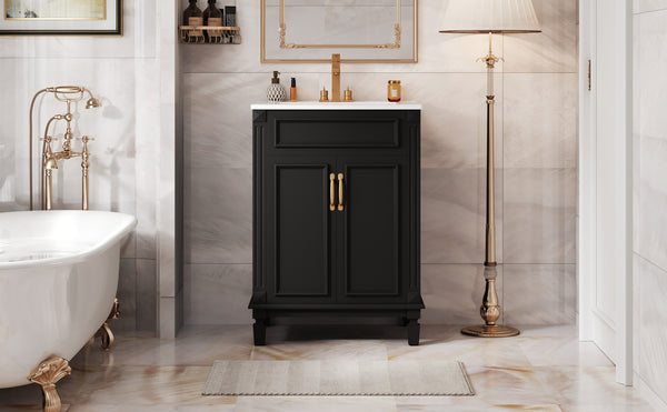 English Elm 24'' Bathroom Vanity with Sink - Solid Wood Frame, Glossy Ceramic Basin, Soft-Close Doors & Ample Storage Elegant Modern Design, Durable MDF Construction, Retro Metal Handles, Compact 24-inch Cabinet Black N710P317675B