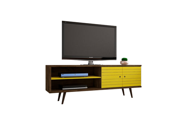 English Elm Liberty 71" TV Stand with Mid-Century Splayed Legs, Wire Management, Drawer & Cubby Storage Brown+Yellow B365P398386
