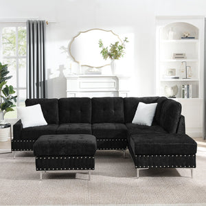 English Elm Sectional L-Shaped Chenille Sofa with Chaise Storage Ottoman, Metal Eucalyptus Frame, 4-Seater Spacious Black W1413S00117