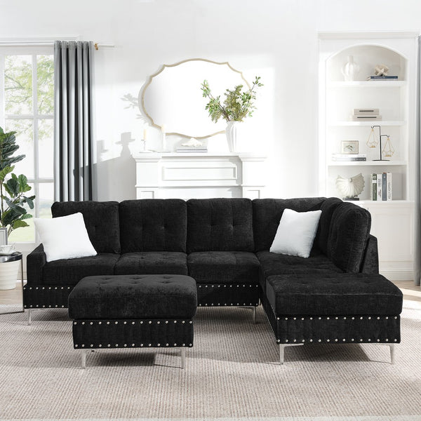 English Elm Sectional L-Shaped Chenille Sofa with Chaise Storage Ottoman, Metal Eucalyptus Frame, 4-Seater Spacious Black W1413S00117