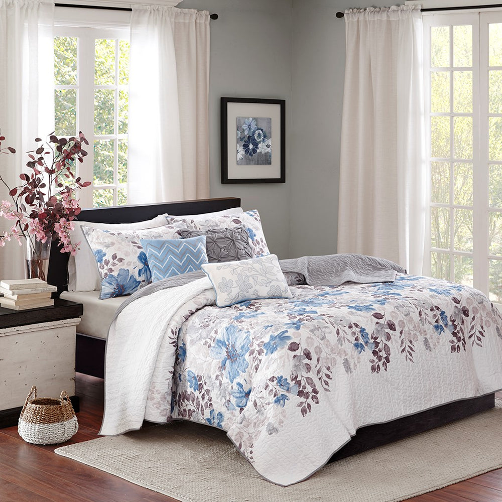 English Elm 6 Madison Park Luna Reversible Quilt Set Full/Queen – Watercolor Floral Center, Ivory Edges, 3 Pillows Blue 22.83 L x 18.11 W x 10.63 H B03597424