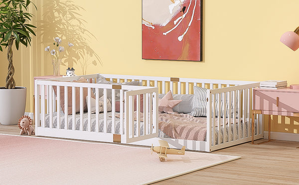 English Elm Twin Floor Bed Solid Rubber Wood with Tall Safety Railings for Toddler Sleep White W504P287652