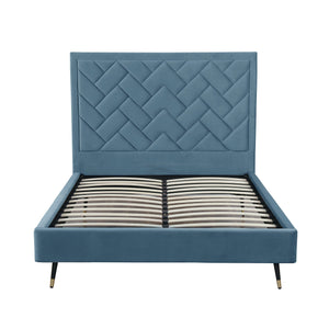 English Elm Crosby Upholstered Velvet Queen Bed – Luxe Blue Design With Chevron Headboard & Easy Assembly B365S00037