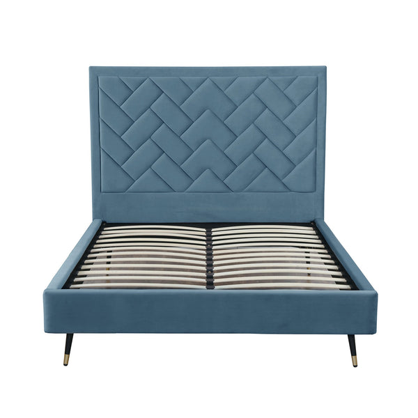 English Elm Crosby Upholstered Velvet Queen Bed – Luxe Blue Design With Chevron Headboard & Easy Assembly B365S00037
