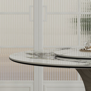 English Elm 59" Round Sintered Stone Dining Table Set With Stylish Black Titanium Base & 6 Padded Chairs For Luxury Dining W2700S00052